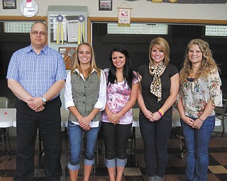 The Struthers Rotary has announced the names of the winners of its 2012 Struthers High School $500 scholarships. Rotary scholarships are awarded on the basis of participation in activities and organizations that serve the community by helping others. The group also presented the $500 2012 William Comstock Scholarship, given in the name of a former Struthers High School teacher and member of the Board of Education and Rotary. Rotarian Tom Baringer, scholarship chairman, stands with scholarship recipients, from left, Samantha Basista, Ellie Bodnar, Katie Jordan and Leighan Wells. Jordan is the winner of this year’s William Comstock Scholarship.