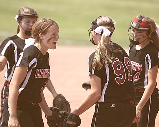 ROBERT K. YOSAY | THE VINDICATOR..A couple of bloop hits combined with a three-base error on a sacrifice bunt to propel the Mathews High softball team to its biggest game in school history..Junioir shortstop Jessica Marsico drove in two runs plus made a sliding catch in right field in the seventh inning to help the Mustangs defeat Covington, 5-3, in ThursdayÕs Division IV state semifinal game at Firestone Stadium.. - -30-..