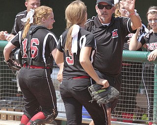 ROBERT K. YOSAY | THE VINDICATOR..A couple of bloop hits combined with a three-base error on a sacrifice bunt to propel the Mathews High softball team to its biggest game in school history..Junioir shortstop Jessica Marsico drove in two runs plus made a sliding catch in right field in the seventh inning to help the Mustangs defeat Covington, 5-3, in ThursdayÕs Division IV state semifinal game at Firestone Stadium.. - -30-..