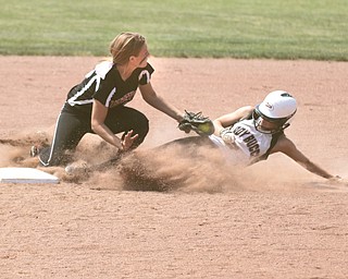 ROBERT K. YOSAY | THE VINDICATOR..Waitin to tag in Fifth inning as she tries to steal is SS Jessica Marsico as she tags out Heidi Snipes - A couple of bloop hits combined with a three-base error on a sacrifice bunt to propel the Mathews High softball team to its biggest game in school history..Junioir shortstop Jessica Marsico drove in two runs plus made a sliding catch in right field in the seventh inning to help the Mustangs defeat Covington, 5-3, in ThursdayÕs Division IV state semifinal game at Firestone Stadium.. - -30-..