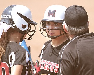 ROBERT K. YOSAY | THE VINDICATOR..A couple of bloop hits combined with a three-base error on a sacrifice bunt to propel the Mathews High softball team to its biggest game in school history..Junioir shortstop Jessica Marsico drove in two runs plus made a sliding catch in right field in the seventh inning to help the Mustangs defeat Covington, 5-3, in ThursdayÕs Division IV state semifinal game at Firestone Stadium.. - -30-..
