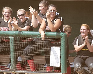 ROBERT K. YOSAY | THE VINDICATOR..A couple of bloop hits combined with a three-base error on a sacrifice bunt to propel the Mathews High softball team to its biggest game in school history..Junioir shortstop Jessica Marsico drove in two runs plus made a sliding catch in right field in the seventh inning to help the Mustangs defeat Covington, 5-3, in ThursdayÕs Division IV state semifinal game at Firestone Stadium.. - -30-..