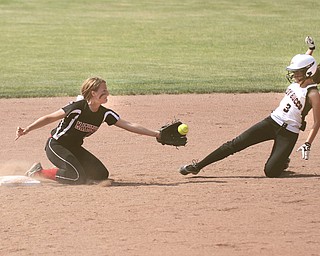 ROBERT K. YOSAY | THE VINDICATOR..Waitin to tag in Third inning as she tries to steal is SS Jessica Marsico as she tags out Heidi Snipes - A couple of bloop hits combined with a three-base error on a sacrifice bunt to propel the Mathews High softball team to its biggest game in school history..Junioir shortstop Jessica Marsico drove in two runs plus made a sliding catch in right field in the seventh inning to help the Mustangs defeat Covington, 5-3, in ThursdayÕs Division IV state semifinal game at Firestone Stadium.. - -30-..
