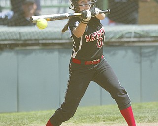 ROBERT K. YOSAY | THE VINDICATOR..A couple of bloop hits combined with a three-base error on a sacrifice bunt to propel the Mathews High softball team to its biggest game in school history..Junioir shortstop Jessica Marsico drove in two runs plus made a sliding catch in right field in the seventh inning to help the Mustangs defeat Covington, 5-3, in ThursdayÕs Division IV state semifinal game at Firestone Stadium.. - -30-..