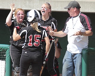 ROBERT K. YOSAY | THE VINDICATOR..A couple of bloop hits combined with a three-base error on a sacrifice bunt to propel the Mathews High softball team to its biggest game in school history..Junioir shortstop Jessica Marsico drove in two runs plus made a sliding catch in right field in the seventh inning to help the Mustangs defeat Covington, 5-3, in ThursdayÕs Division IV state semifinal game at Firestone Stadium.. - -30-..