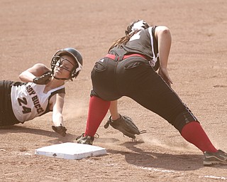 ROBERT K. YOSAY | THE VINDICATOR..Third baseman for Mathews - Jackie Rhine .puts the tag on #24 Cassidy Cain during the second inning -.. A couple of bloop hits combined with a three-base error on a sacrifice bunt to propel the Mathews High softball team to its biggest game in school history..Junioir shortstop Jessica Marsico drove in two runs plus made a sliding catch in right field in the seventh inning to help the Mustangs defeat Covington, 5-3, in ThursdayÕs Division IV state semifinal game at Firestone Stadium.. - -30-..