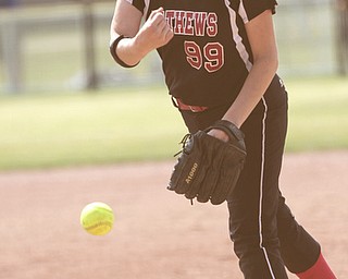 ROBERT K. YOSAY | THE VINDICATOR..Pitcher Cheyenne Eggens 14 year old freshman pitched Matthews into A couple of bloop hits combined with a three-base error on a sacrifice bunt to propel the Mathews High softball team to its biggest game in school history..Junioir shortstop Jessica Marsico drove in two runs plus made a sliding catch in right field in the seventh inning to help the Mustangs defeat Covington, 5-3, in ThursdayÕs Division IV state semifinal game at Firestone Stadium.. - -30-..