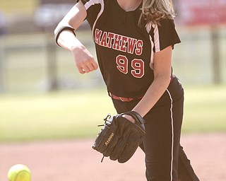 ROBERT K. YOSAY | THE VINDICATOR..Pitcher Cheyenne Eggens 14 year old freshman pitched Matthews into A couple of bloop hits combined with a three-base error on a sacrifice bunt to propel the Mathews High softball team to its biggest game in school history..Junioir shortstop Jessica Marsico drove in two runs plus made a sliding catch in right field in the seventh inning to help the Mustangs defeat Covington, 5-3, in ThursdayÕs Division IV state semifinal game at Firestone Stadium.. - -30-..