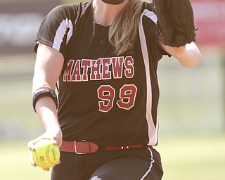 ROBERT K. YOSAY | THE VINDICATOR..Pitcher Cheyenne Eggens 14 year old freshman pitched Matthews into A couple of bloop hits combined with a three-base error on a sacrifice bunt to propel the Mathews High softball team to its biggest game in school history..Junioir shortstop Jessica Marsico drove in two runs plus made a sliding catch in right field in the seventh inning to help the Mustangs defeat Covington, 5-3, in ThursdayÕs Division IV state semifinal game at Firestone Stadium.. - -30-..