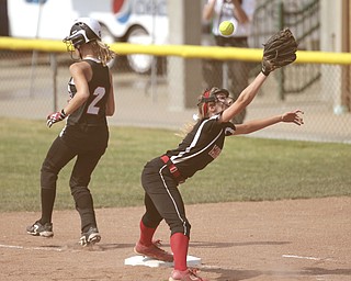 ROBERT K. YOSAY | THE VINDICATOR..A couple of bloop hits combined with a three-base error on a sacrifice bunt to propel the Mathews High softball team to its biggest game in school history..Junioir shortstop Jessica Marsico drove in two runs plus made a sliding catch in right field in the seventh inning to help the Mustangs defeat Covington, 5-3, in ThursdayÕs Division IV state semifinal game at Firestone Stadium.. - -30-..