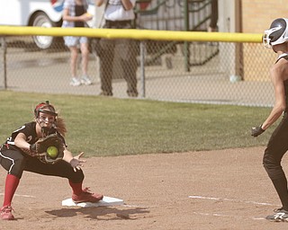 ROBERT K. YOSAY | THE VINDICATOR..A couple of bloop hits combined with a three-base error on a sacrifice bunt to propel the Mathews High softball team to its biggest game in school history..Junioir shortstop Jessica Marsico drove in two runs plus made a sliding catch in right field in the seventh inning to help the Mustangs defeat Covington, 5-3, in ThursdayÕs Division IV state semifinal game at Firestone Stadium.. - -30-..