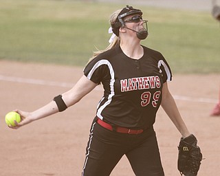 ROBERT K. YOSAY | THE VINDICATOR..A couple of bloop hits combined with a three-base error on a sacrifice bunt to propel the Mathews High softball team to its biggest game in school history..Junioir shortstop Jessica Marsico drove in two runs plus made a sliding catch in right field in the seventh inning to help the Mustangs defeat Covington, 5-3, in ThursdayÕs Division IV state semifinal game at Firestone Stadium.. - -30-..