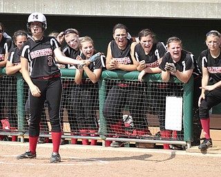 ROBERT K. YOSAY | THE VINDICATOR..A couple of bloop hits combined with a three-base error on a sacrifice bunt to propel the Mathews High softball team to its biggest game in school history..Junioir shortstop Jessica Marsico drove in two runs plus made a sliding catch in right field in the seventh inning to help the Mustangs defeat Covington, 5-3, in ThursdayÕs Division IV state semifinal game at Firestone Stadium.. - -30-..