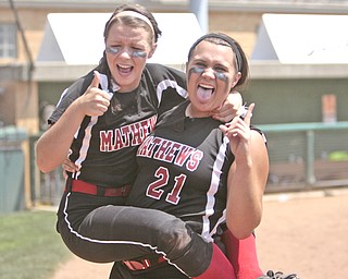 ROBERT K. YOSAY | THE VINDICATOR..A couple of bloop hits combined with a three-base error on a sacrifice bunt to propel the Mathews High softball team to its biggest game in school history..Junioir shortstop Jessica Marsico drove in two runs plus made a sliding catch in right field in the seventh inning to help the Mustangs defeat Covington, 5-3, in ThursdayÕs Division IV state semifinal game at Firestone Stadium.. - -30-..