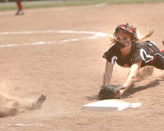 ROBERT K. YOSAY | THE VINDICATOR..First baseman Maddi Grimes dives for the base as she fielded the grounder and had to dive to get out Covingtons Ariel Robinson - .A couple of bloop hits combined with a three-base error on a sacrifice bunt to propel the Mathews High softball team to its biggest game in school history..Junioir shortstop Jessica Marsico drove in two runs plus made a sliding catch in right field in the seventh inning to help the Mustangs defeat Covington, 5-3, in ThursdayÕs Division IV state semifinal game at Firestone Stadium.. - -30-..