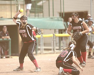 ROBERT K. YOSAY | THE VINDICATOR..A couple of bloop hits combined with a three-base error on a sacrifice bunt to propel the Mathews High softball team to its biggest game in school history..Junioir shortstop Jessica Marsico drove in two runs plus made a sliding catch in right field in the seventh inning to help the Mustangs defeat Covington, 5-3, in ThursdayÕs Division IV state semifinal game at Firestone Stadium.. - -30-..