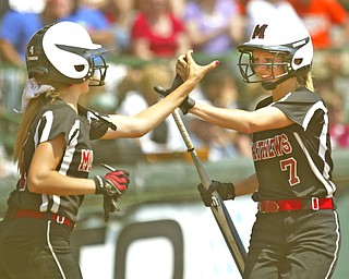 ROBERT K. YOSAY | THE VINDICATOR..A couple of bloop hits combined with a three-base error on a sacrifice bunt to propel the Mathews High softball team to its biggest game in school history..Junioir shortstop Jessica Marsico drove in two runs plus made a sliding catch in right field in the seventh inning to help the Mustangs defeat Covington, 5-3, in ThursdayÕs Division IV state semifinal game at Firestone Stadium.. - -30-..