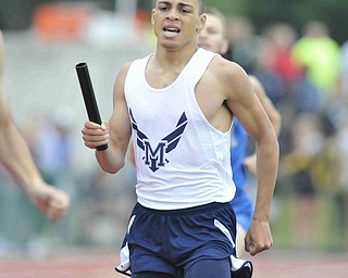 Allan Coviello of McDonald sprint down the track during the boys 4x800 race Friday morning at the State Track Meet in Columbus. McDonald would finish seventh in the 4x800.