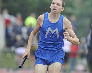 Solomon Yoder of Maplewood sprint down the track during the boys 4x800 race Friday morning at the State Track Meet in Columbus. Maplewood would finish second in the 4x800.