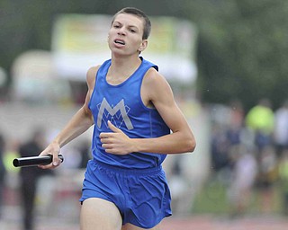 Solomon Yoder of Maplewood sprint down the track during the boys 4x800 race Friday morning at the State Track Meet in Columbus. Maplewood would finish second in the 4x800.