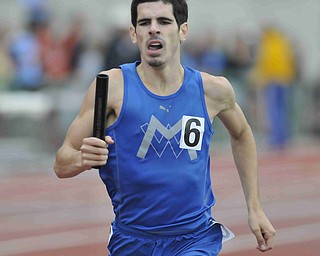 Wyatt Hartman of Maplewood sprint down the track during the boys 4x800 race Friday morning at the State Track Meet in Columbus. Maplewood would finish second in the 4x800.