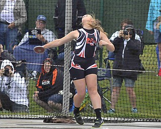 Newton Falls Shannon Montgomery of throws the discus during Friday morning at the State Track Meet in Columbus.