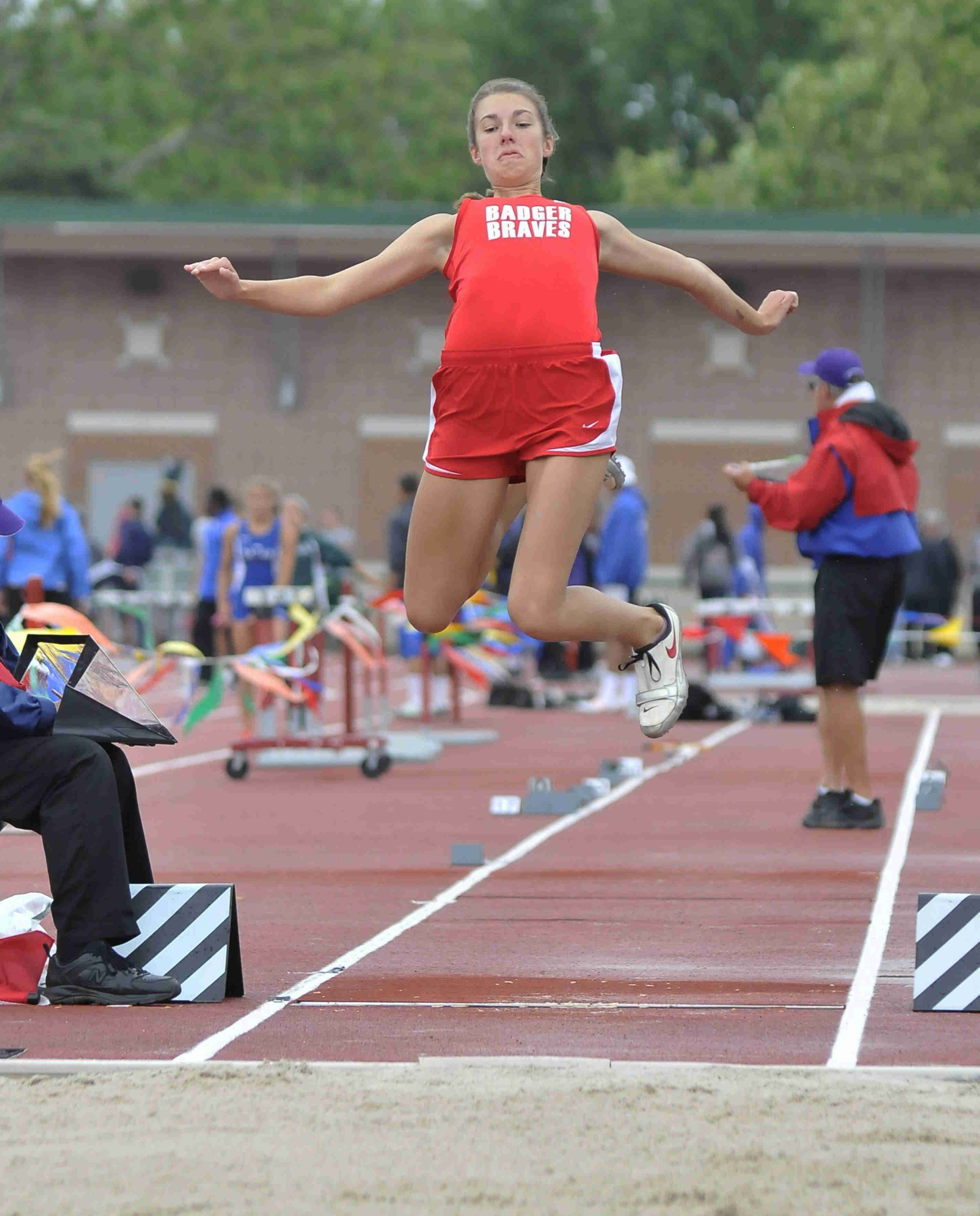 Leah Blaney of Badger makes a jump during the girls long jump Friday afternoon at the State Track Meet in Columbus. She would finish seventh in divison three.