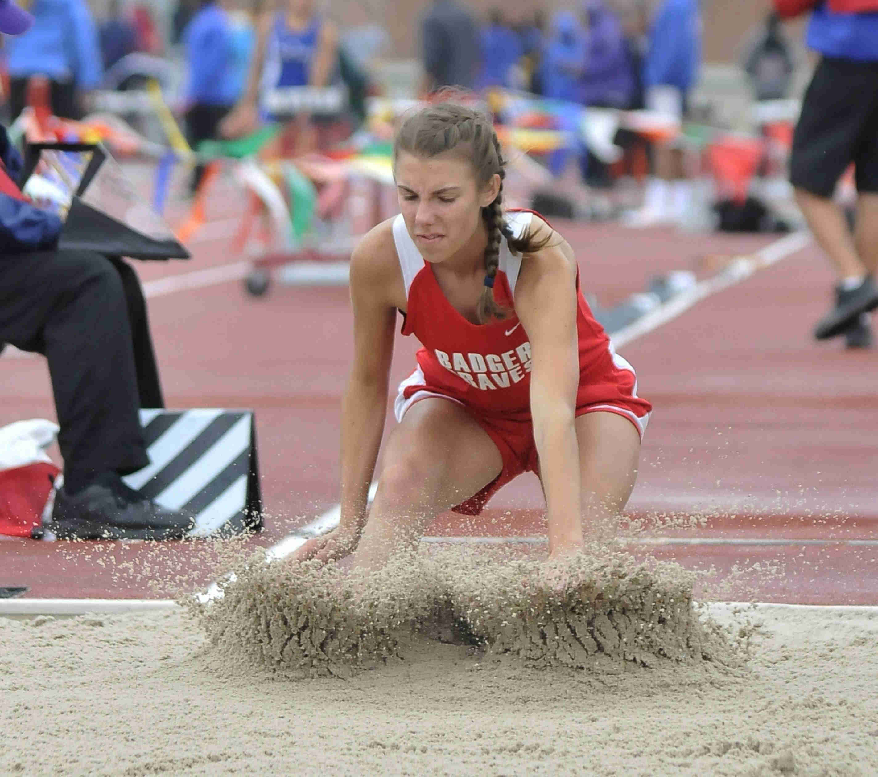 Leah Blaney of Badger makes a jump during the girls long jump Friday afternoon at the State Track Meet in Columbus. She would finish seventh in divison three.
