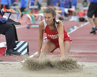 Leah Blaney of Badger makes a jump during the girls long jump Friday afternoon at the State Track Meet in Columbus. She would finish seventh in divison three.