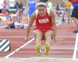 Jennilyn Krumpe of Badger makes a jump during the girls long jump Friday afternoon at the State Track Meet in Columbus. She would finish eleventh in divison three.
