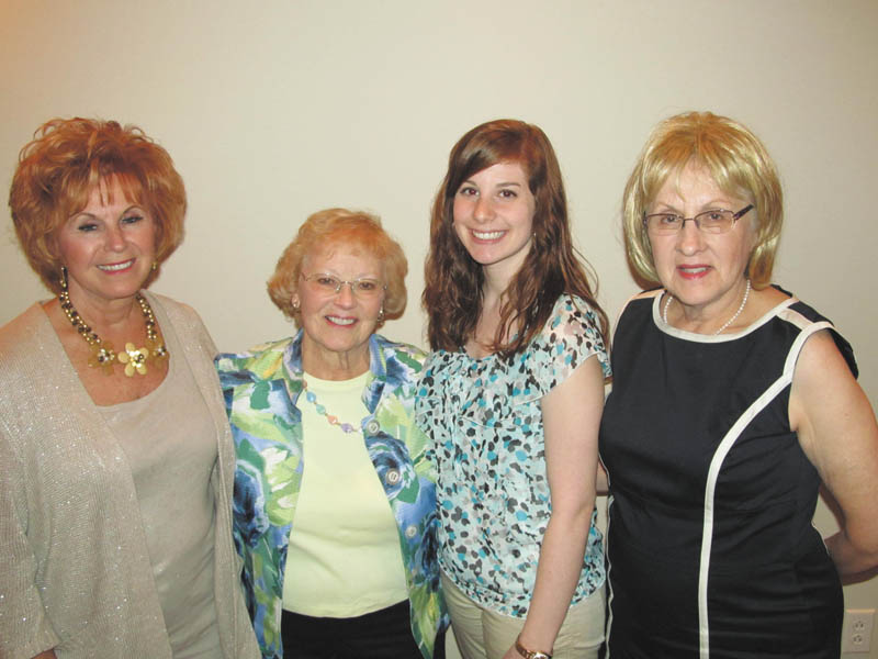 Catholic Collegiate Association met recently at Michael Alberini’s Restaurant in Boardman and awarded a scholarship to Cassandra Clyde of Struthers, a junior forensic science major at Mercyhurst College in Erie, Pa. The dinner meeting agenda included the installation of officers for the upcoming year: Catherine Campana, president; Barbara Banks, first vice president; Anita Stothard, second vice president; Georgianna D’Andrea, recording secretary; Barbara Marsch, corresponding secretary; and Antonia Douglass and Janet Detweiler, co-treasurers. New members Kathy Woodhall, Barb Carissimo, Donna Samuels and Patricia Arris were honored. From left are Campana; Mary Place Thomas, scholarship chairwoman; Clyde; and Banks. 