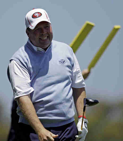 Dennis Miller reacts to a drive on the second hole during the first round of the U.S. Open Championship golf tournament Thursday, June 14, 2012, at The Olympic Club in San Francisco. (AP Photo/Ben Margot)