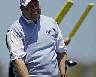 Dennis Miller reacts to a drive on the second hole during the first round of the U.S. Open Championship golf tournament Thursday, June 14, 2012, at The Olympic Club in San Francisco. (AP Photo/Ben Margot)