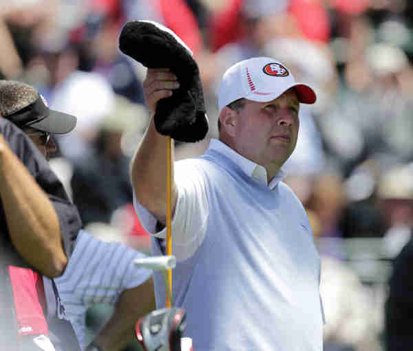 Dennis Miller gets his driver during the first round of the U.S. Open Championship golf tournament Thursday, June 14, 2012, at The Olympic Club in San Francisco. (AP Photo/Eric Gay)