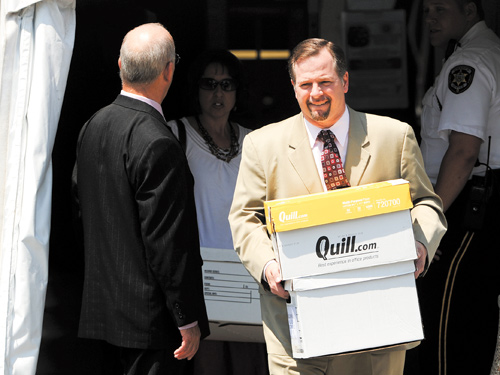 Karl Rominger, attorney for former Penn State University assistant football coach Jerry Sandusky, leaves the Centre County Courthouse after the defense rested its case last week. Rominger visited his incarcerated client Monday.