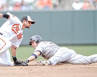 Cleveland Indians’ Lou Marson, right, safely steals second during the fourth inning of Sunday’s game as Baltimore Orioles second baseman Brian Roberts applies a late tag in Baltimore. The Indians won 6-2.