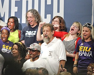 MADELYN P. HASTINGS | THE VINDICATOR..Supporters of President Barack Obama chant and cheer while waiting for his arrival to Poland, Ohio on July 6, 2012. Some chants included, "Four more years!" and "O-H-I-O".... - -30-..