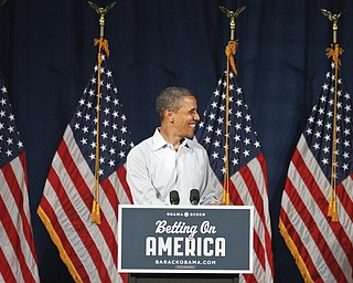 MADELYN P. HASTINGS | THE VINDICATOR..President Barack Obama during his speech at Dobbins Elementary School in Poland, Ohio on July 6, 2012.... - -30-..
