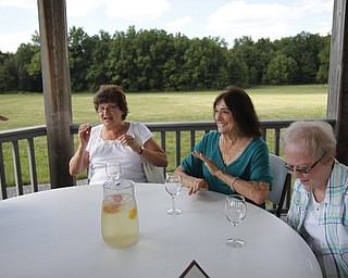 (L-R_ Flo Arndt, Marge Bielawski, and Marilyn Carroll laugh with girlfriends while sharing a pitcher of sangria at the fourth annual ribs festival at the Mastropietro Winery in Berlin Center, Ohio on July 21, 2012. 