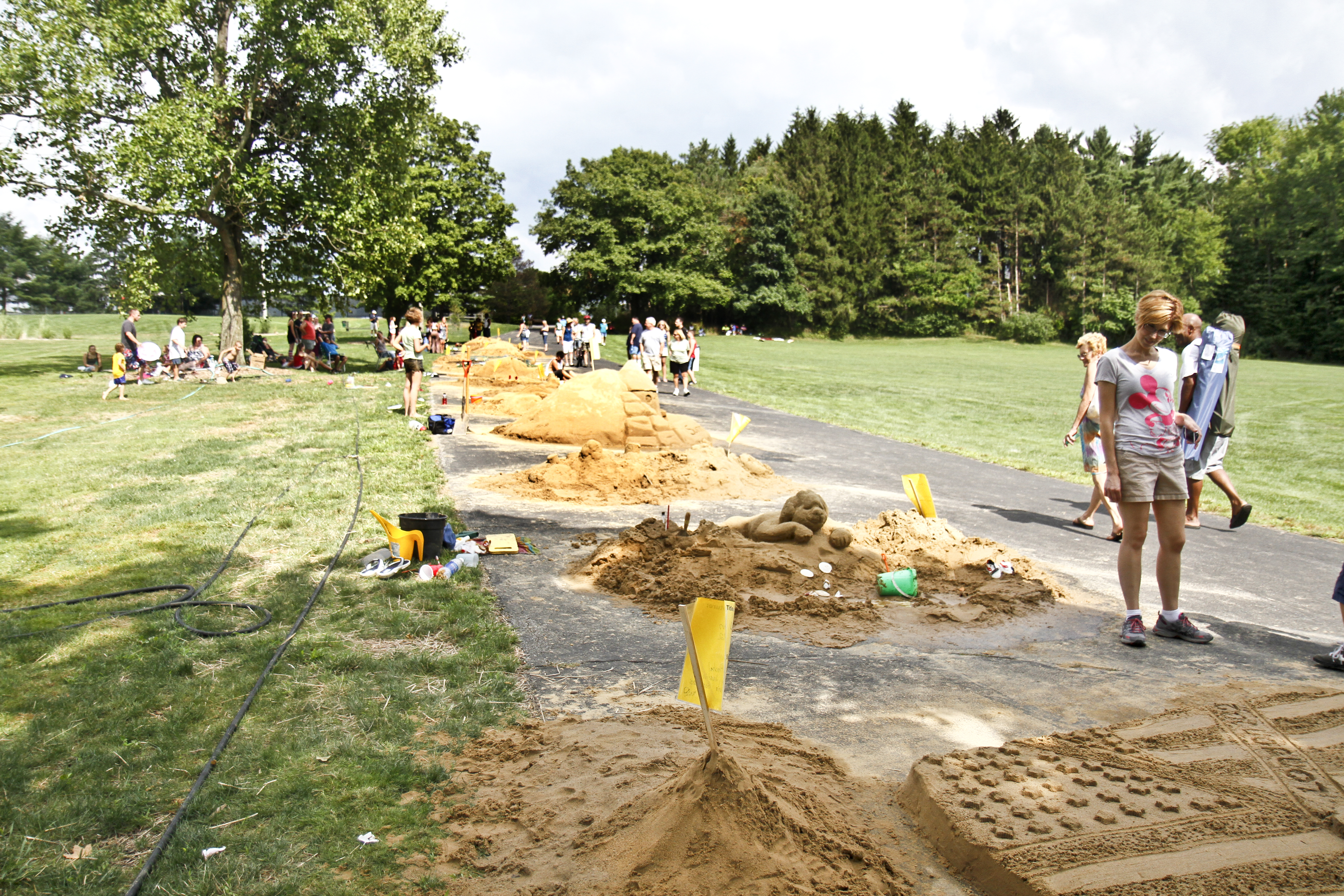 An overview of the sand sculpture contest at Mill Creek Park.
