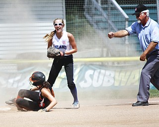 Kat Wilson for Poland reacts to the ump's call.