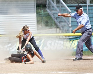 Kat Wilson for Poland tags Mackenzie for Escanaba All Stars out while the ump makes his call.