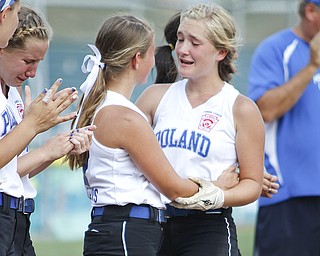 Cara Kalouris and Ally Deemer share a moment after the game.
