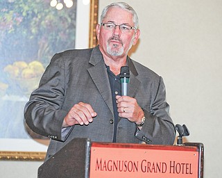 Former Cleveland Indians manager Mike Hargrove speaks to those in attendance at the Scrappers’ All-Star lunch Tuesday afternoon.