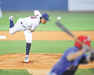 American League starter Luis DeJesus of the Mahoning Valley Scrappers throws a pitch during the top of the
first inning of the New York-Penn League All-Star game Tuesday at Eastwood Field.