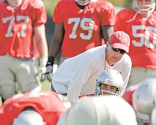 Ohio State coach Urban Meyer watches over Ben Buchanan during a field-goal drill at football practice in Columbus.