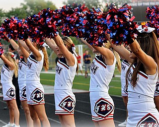 Austintown Fitch Varsity Cheerleaders on the Sidelines Left to Right - Ashlee Bobovnik, Bella Velasco, Elizabeth Mosier, Katie Bruff, Mikah Vaughn and Mandi Koch