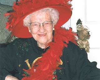 Estelle Hilliard models a full-feathered hat. Photo submitted by Harriet Deeds of Youngstown.