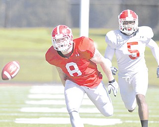 Youngstown State tight end Will Shaw (8) goes for the ball while safety Jeremey Edwards defends during a recent scrimmage. Both are junior college transfers who have found success with the Penguins.