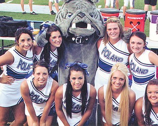 Poland High School varsity cheerleaders pose with the Bulldog mascot during Poland’s game against Northwest High School. Front row, left to right: Erica Kerr, Natalie Dragovich, Kelsey Gill and Kayli Jack. Back row, left to right: Alyssa Carline, Mallory Magni, Makenzie Clark and Katie Rubesa